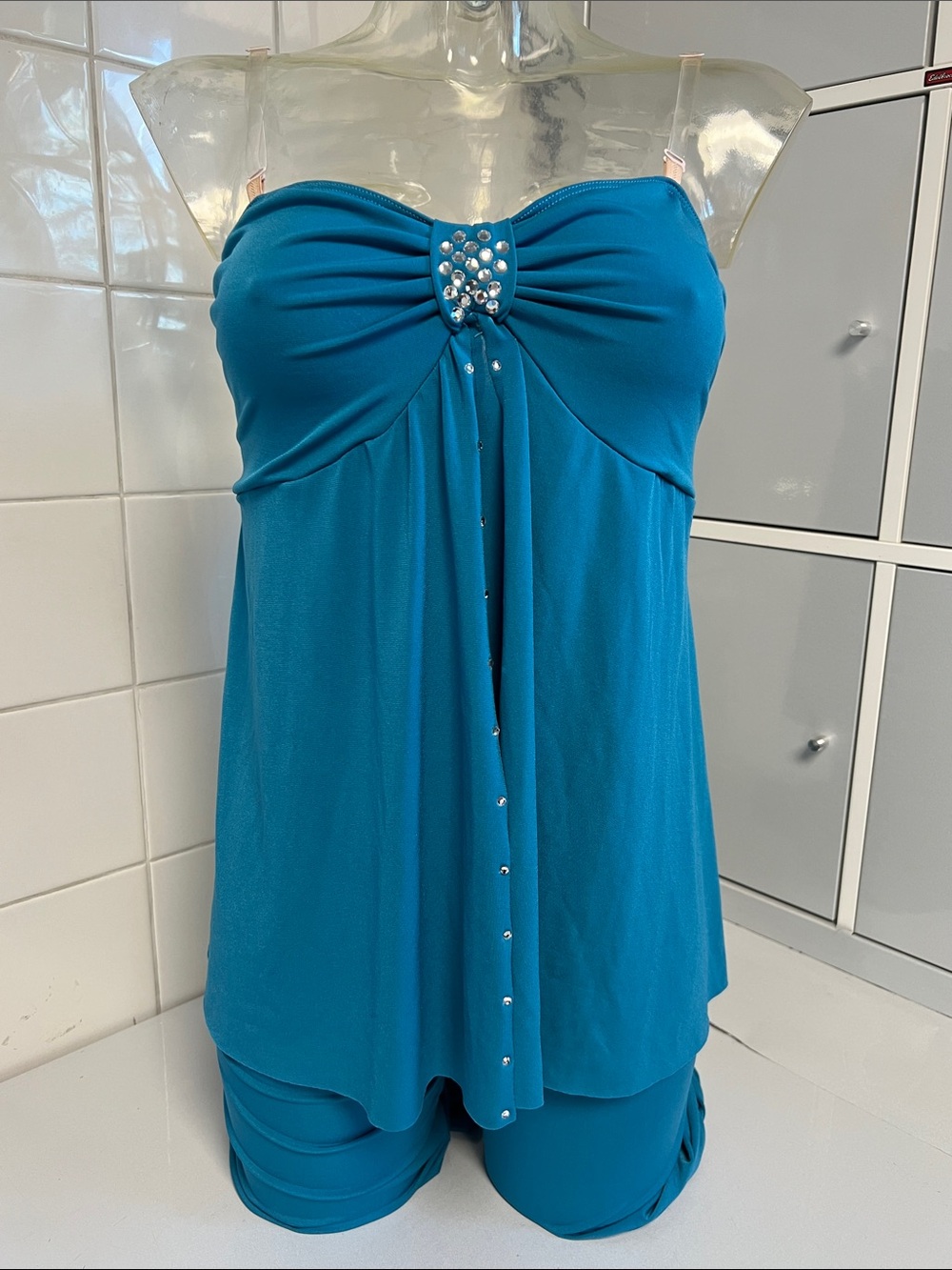 Teal w/Crystals Lyrical/Modern Babydoll Cropped Unitard Dance Costume M NWOT